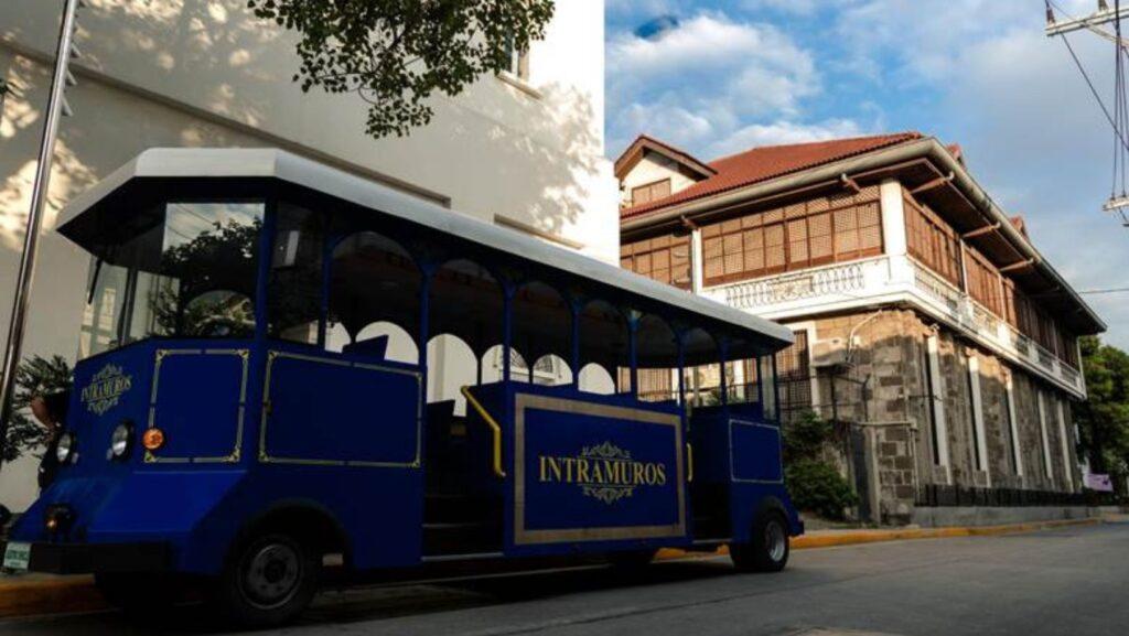 The newly launched e-tranvia nests in front the Centro de Turismo prior to its ceremonial first roll on the streets of Intramuros, March 19.