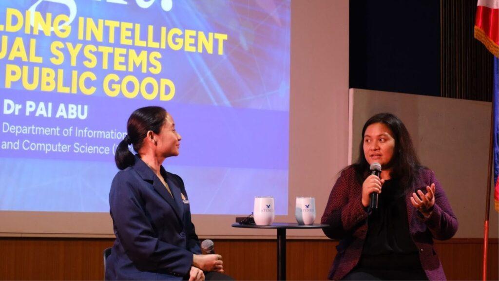 At the Second Ateneo Breakthroughs lecture held on 26 February 2026 at Escaler Hall, Ateneo de Manila University, Dr Pai Abu (R) tells host Dr Inez Ponce De Leon how the ALIVE laboratory is looking to partner with topic experts from various fields to develop practical applications for their machine learning systems.